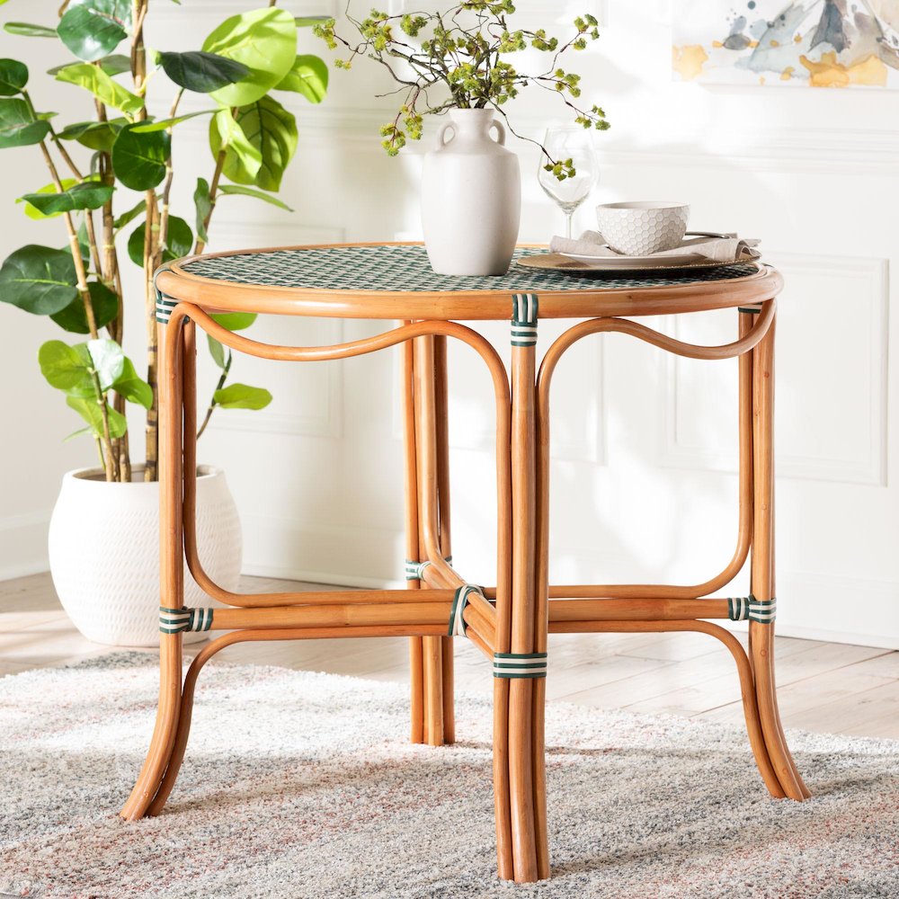 Mattie Natural Rattan Round Bistro Dining Table, Green