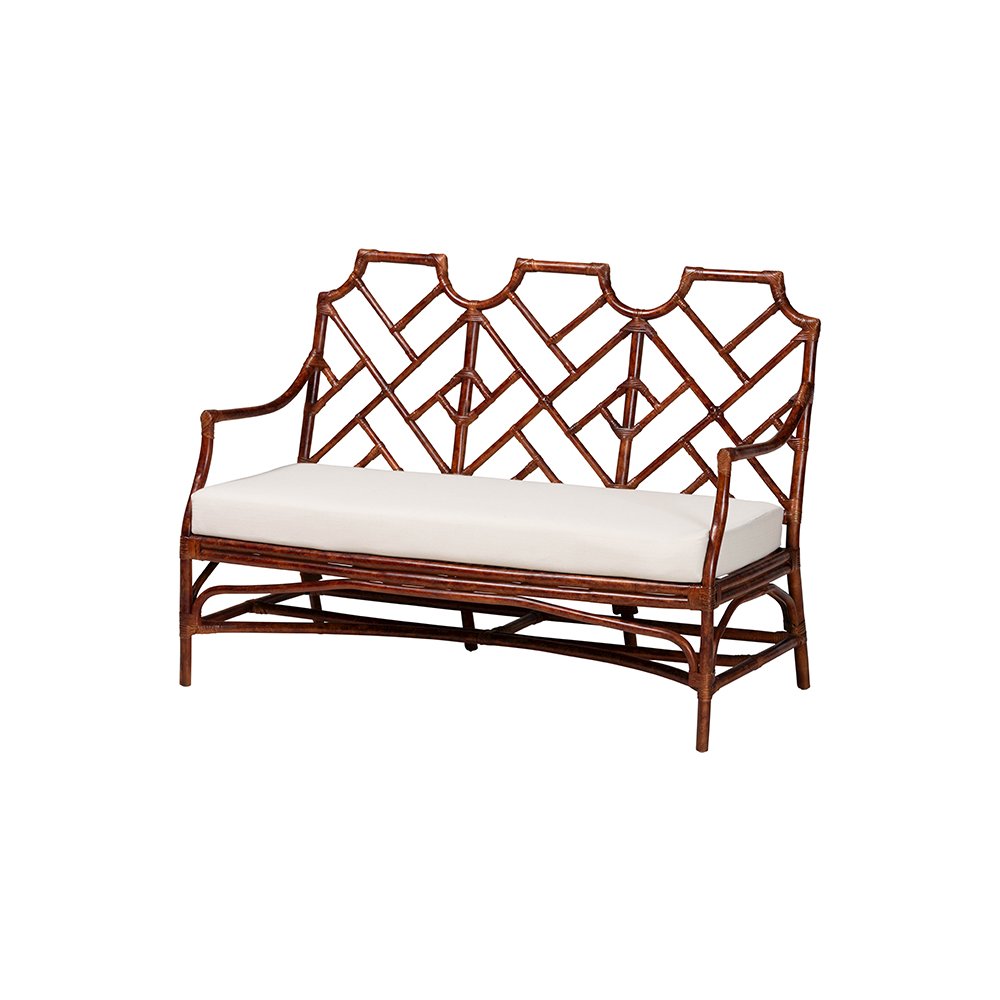 Aella Tortoise Rattan Loveseat Bench with Cushion, Curved Arms, Boho
