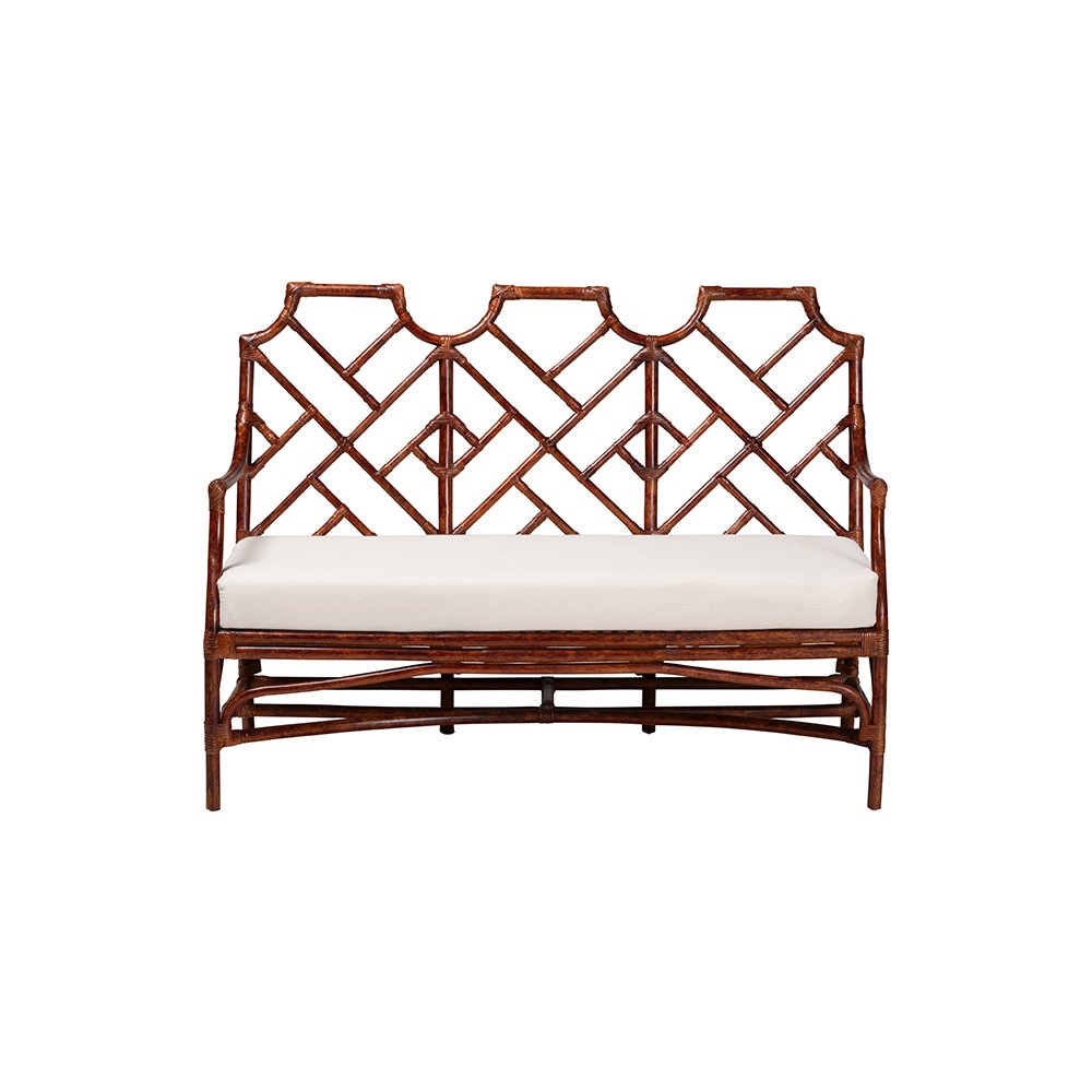 Aella Tortoise Rattan Loveseat Bench with Cushion, Curved Arms, Boho