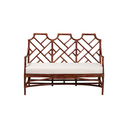 Aella Tortoise Rattan Loveseat Bench with Cushion, Curved Arms, Boho