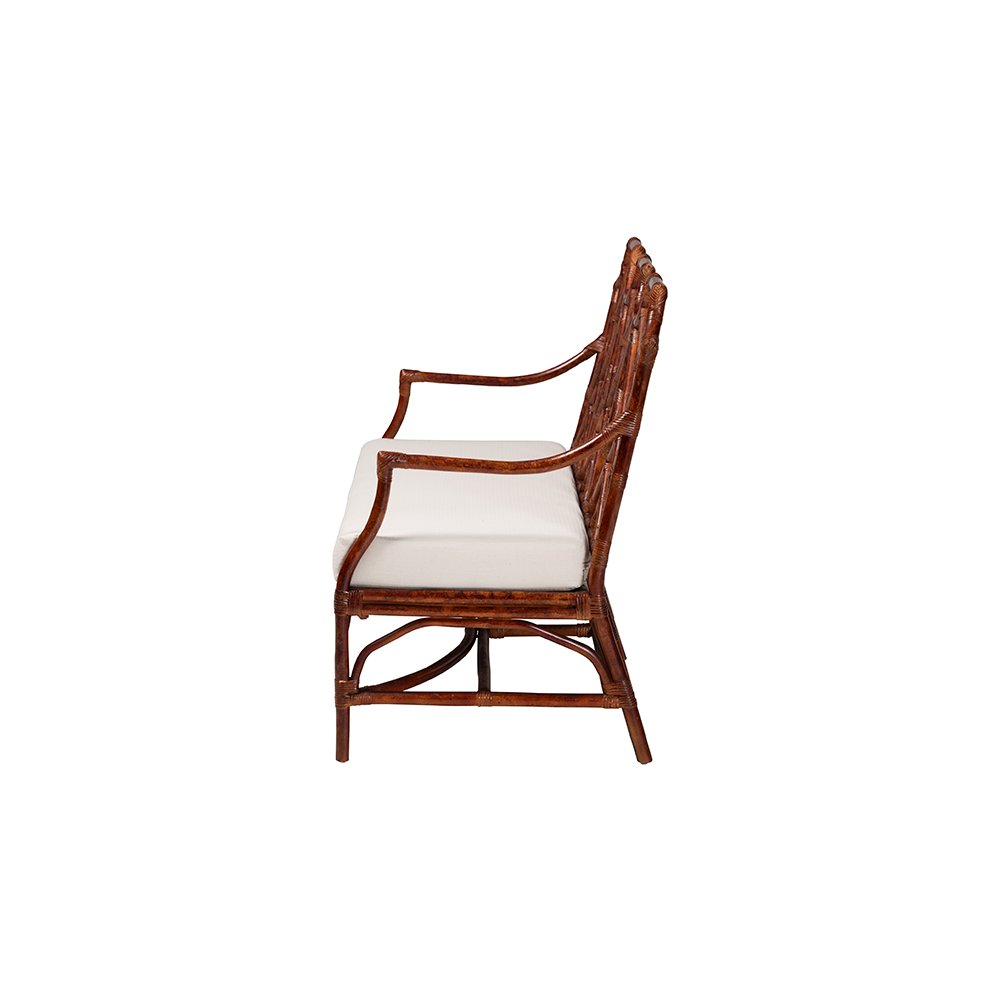 Aella Tortoise Rattan Loveseat Bench with Cushion, Curved Arms, Boho
