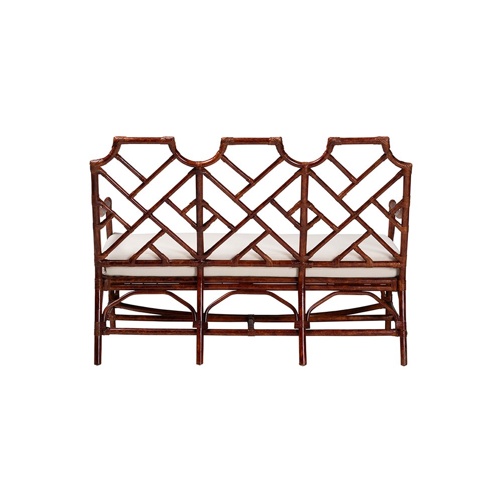 Aella Tortoise Rattan Loveseat Bench with Cushion, Curved Arms, Boho