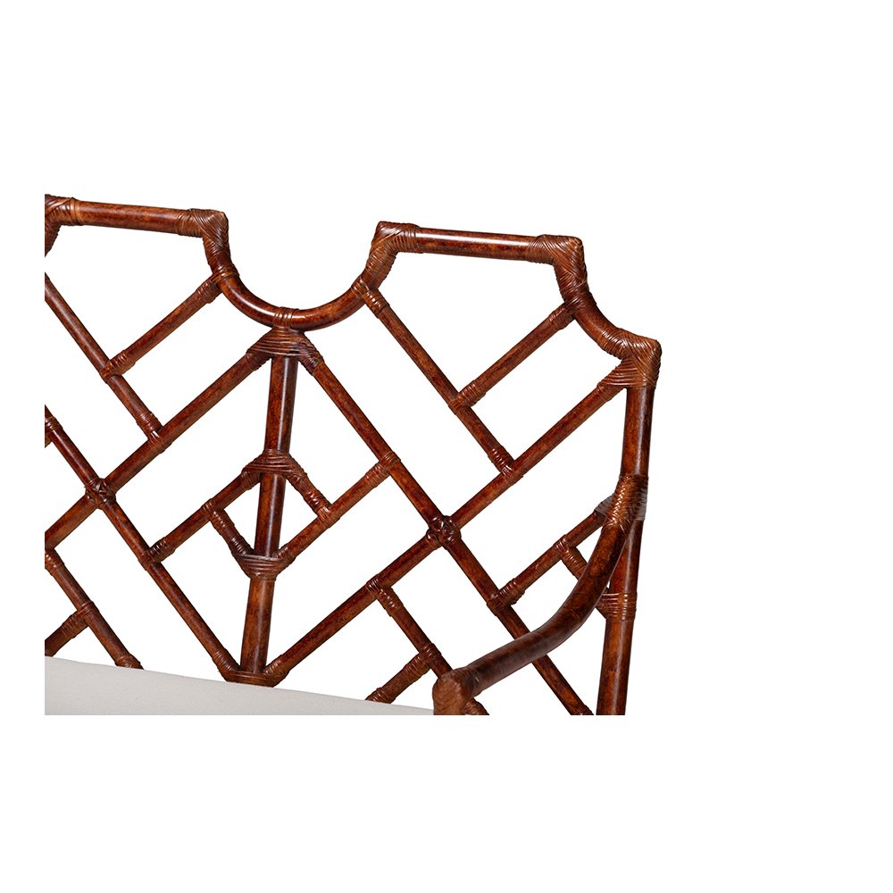 Aella Tortoise Rattan Loveseat Bench with Cushion, Curved Arms, Boho