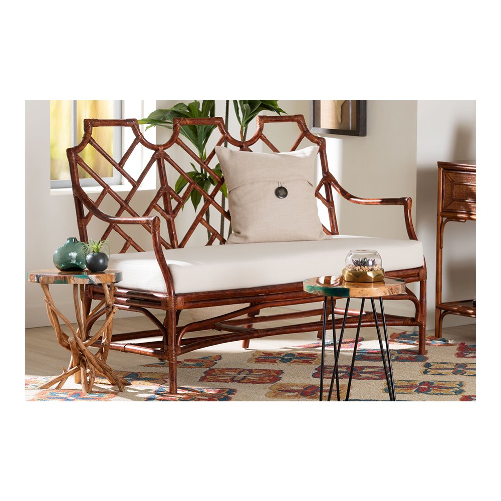 Aella Tortoise Rattan Loveseat Bench with Cushion, Curved Arms, Boho
