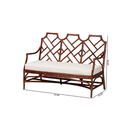 Aella Tortoise Rattan Loveseat Bench with Cushion, Curved Arms, Boho