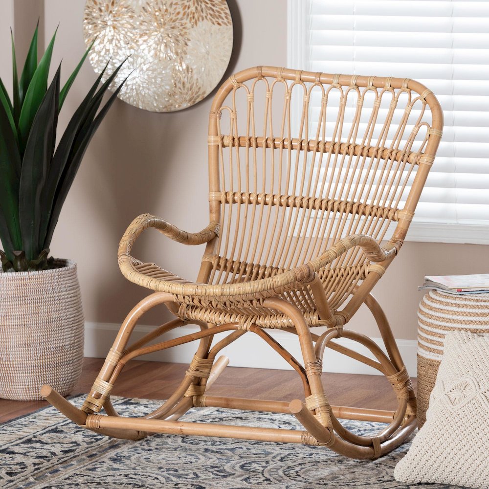 Mahin Natural Rattan Rocking Wicker Accent Rocker with Curved Armrests