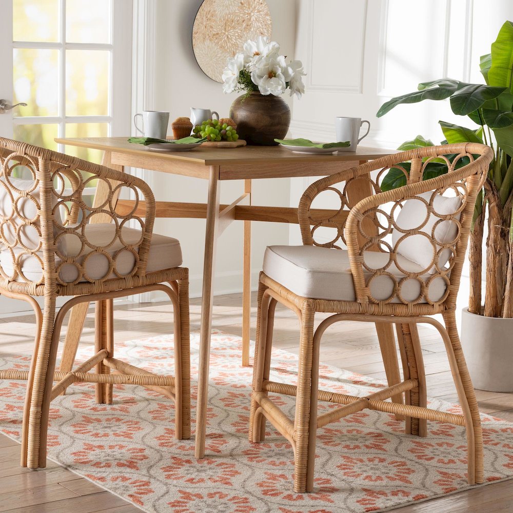 Natural Rattan Counter Stool with Bubble Frame - Handwoven Wicker Accent Stool