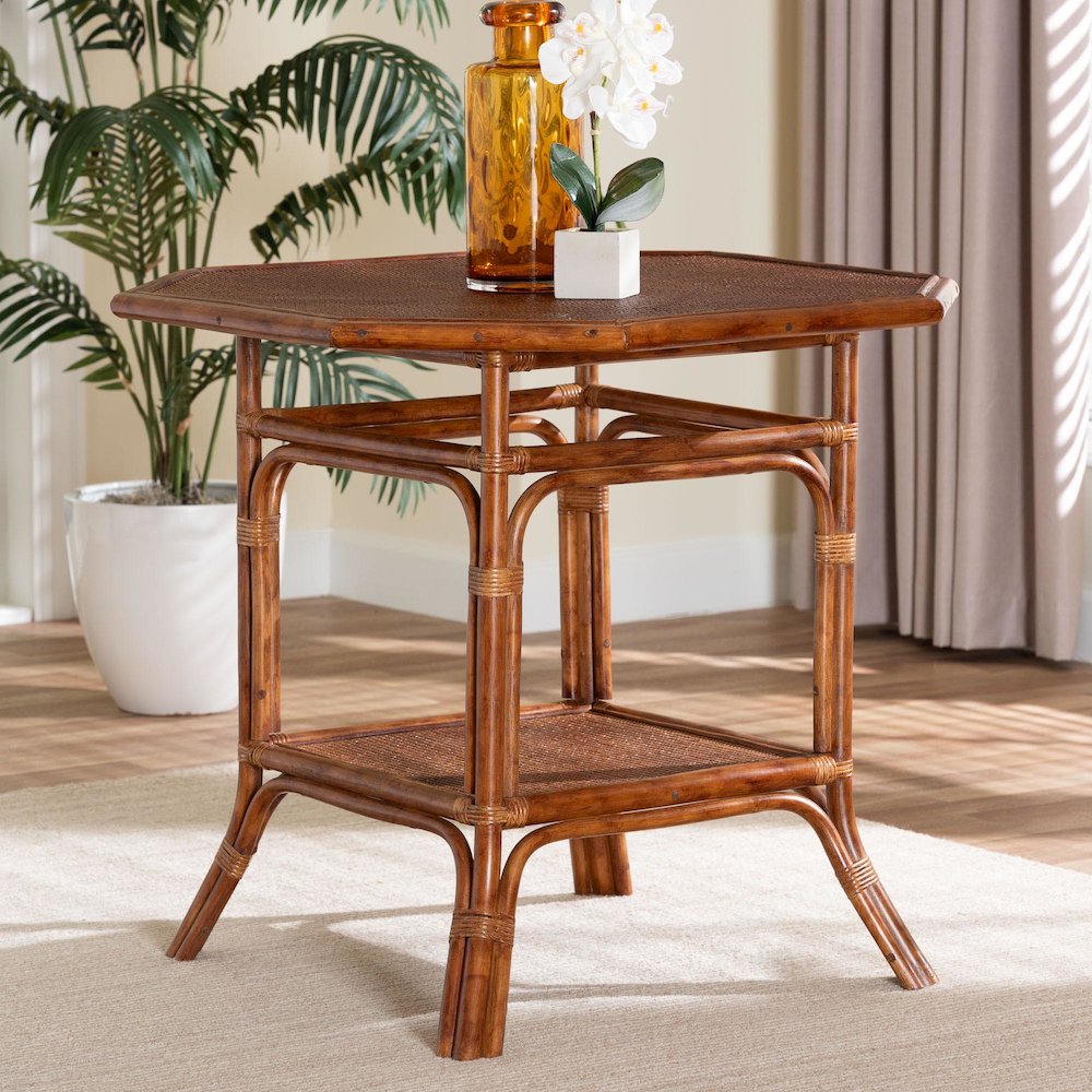 Marbled Tortoise Natural Rattan Dining Table - Bistro Table with Open Shelf