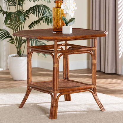 Marbled Tortoise Natural Rattan Dining Table - Bistro Table with Open Shelf