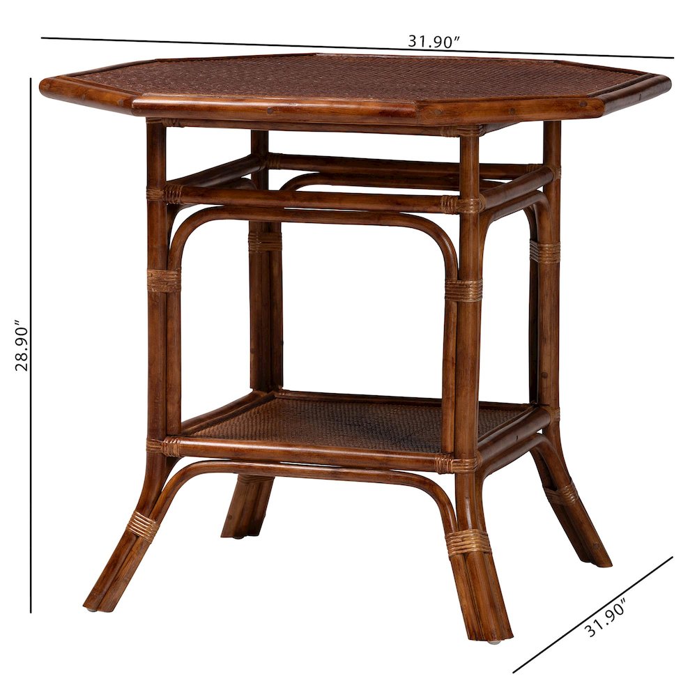 Marbled Tortoise Natural Rattan Dining Table - Bistro Table with Open Shelf