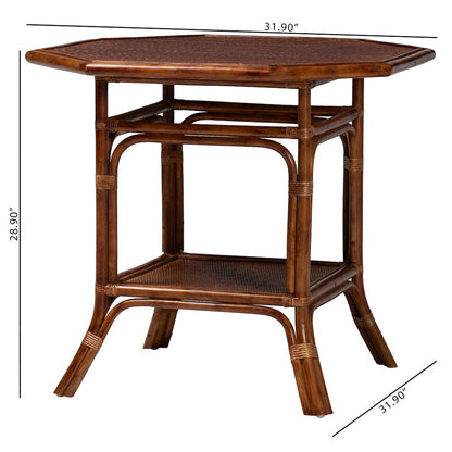 Marbled Tortoise Natural Rattan Dining Table - Bistro Table with Open Shelf