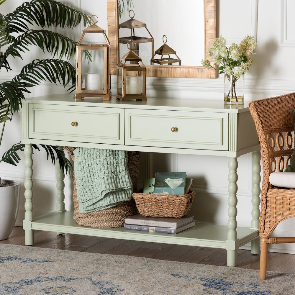 Console Table with Spindle Legs, 2 Drawers, Turned Detailing, Open Shelf Storage