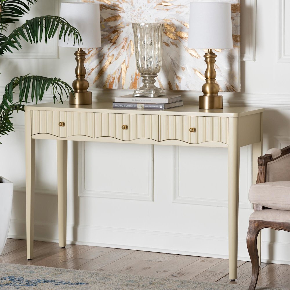 Console Table - 3-Drawer Accent Table with Fluted Wood and Scalloped Framing