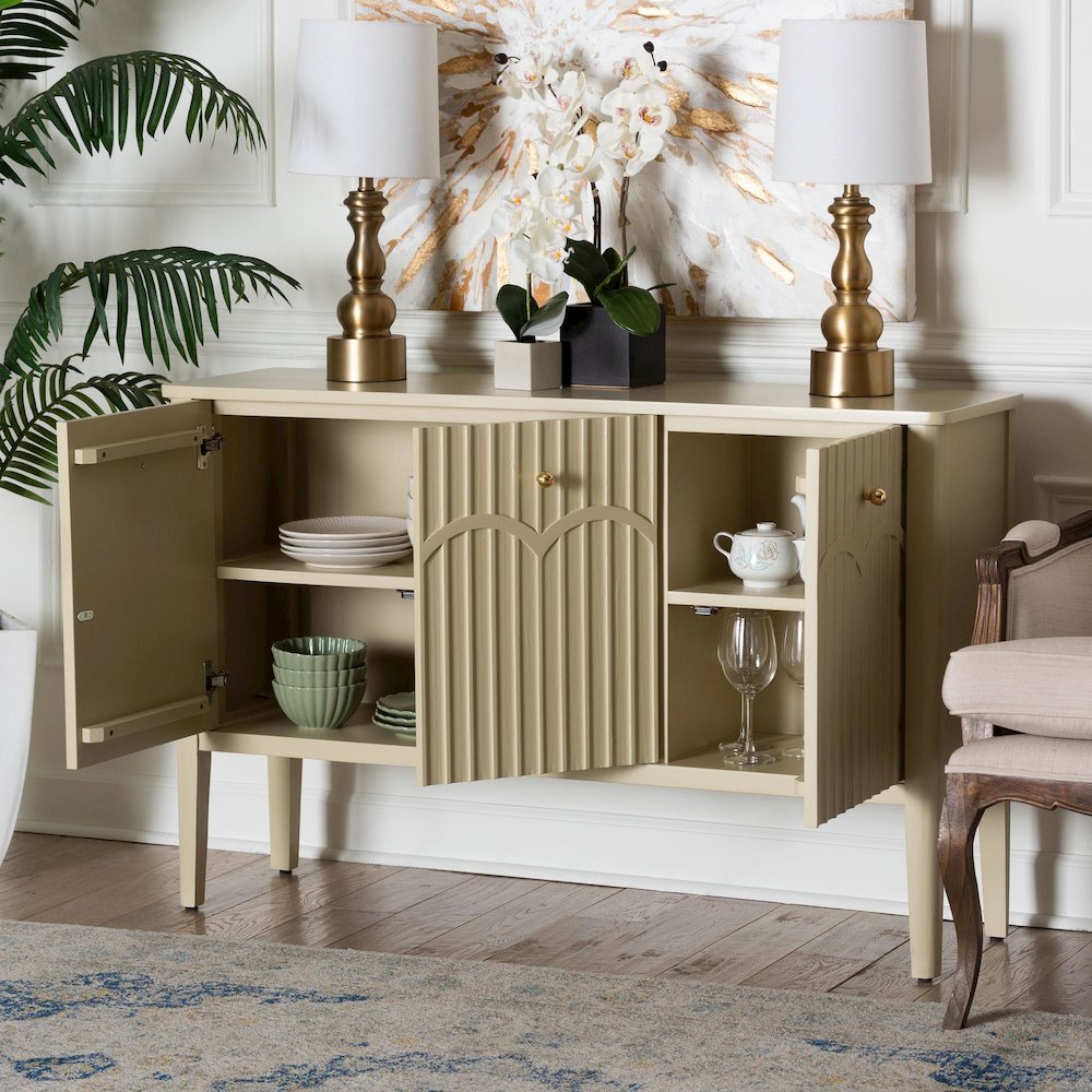 Sideboard - Modern Storage Buffet Console with Fluted Wood and Scalloped Molding