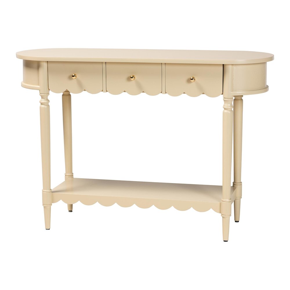3-Drawer Accent Console Table with Scalloped Detailing and Open Shelf Storage
