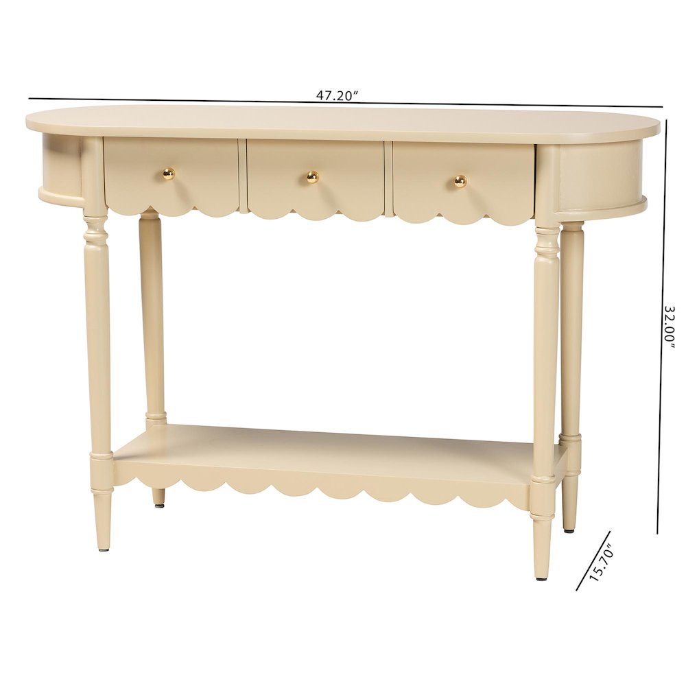 3-Drawer Accent Console Table with Scalloped Detailing and Open Shelf Storage