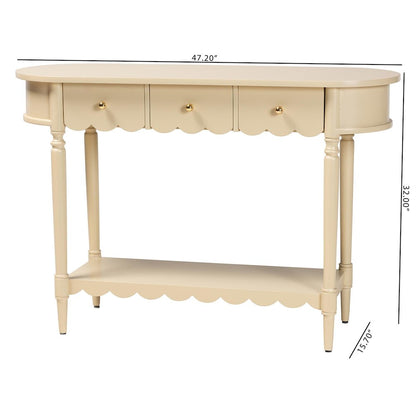 3-Drawer Accent Console Table with Scalloped Detailing and Open Shelf Storage