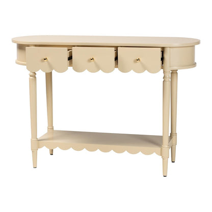 3-Drawer Accent Console Table with Scalloped Detailing and Open Shelf Storage