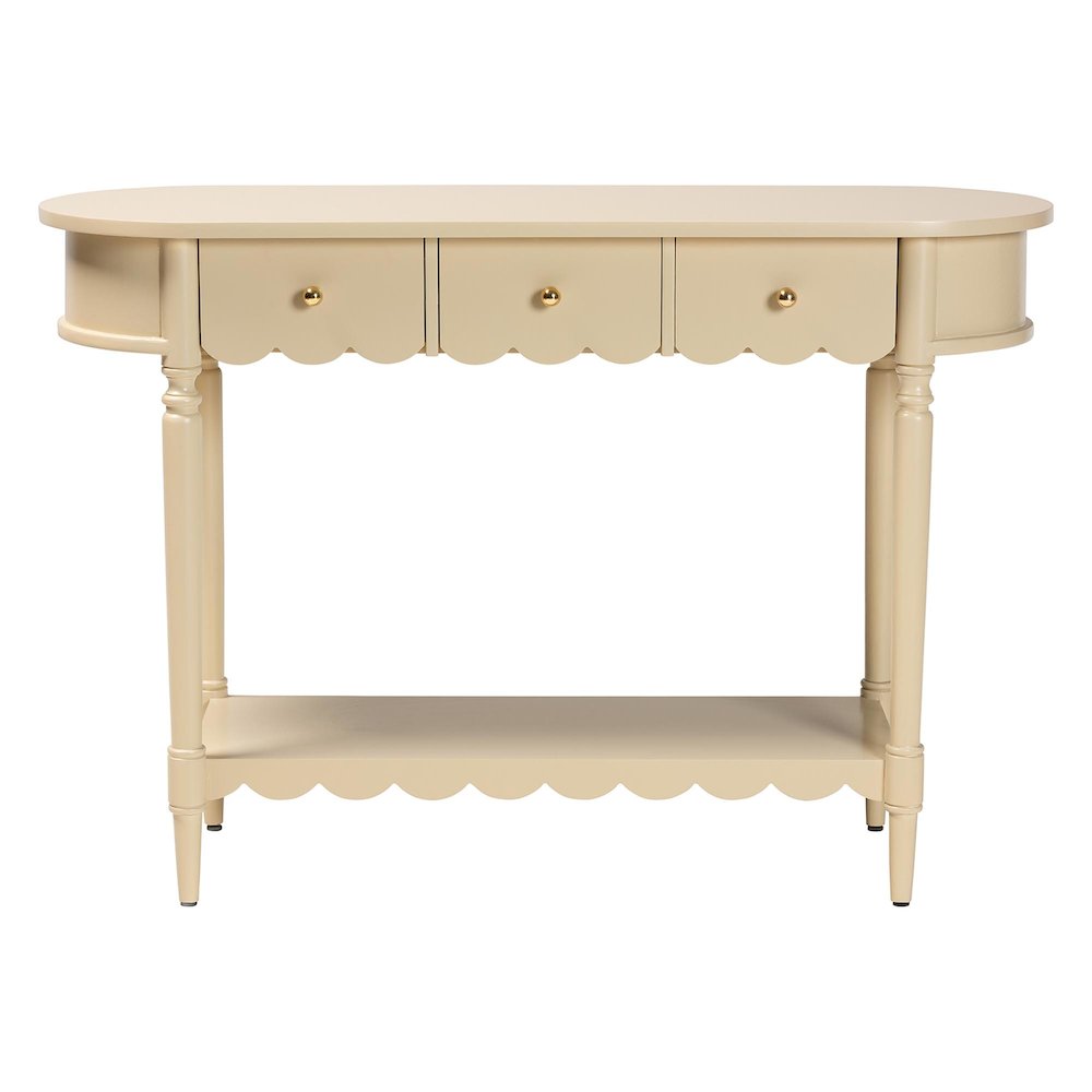 3-Drawer Accent Console Table with Scalloped Detailing and Open Shelf Storage