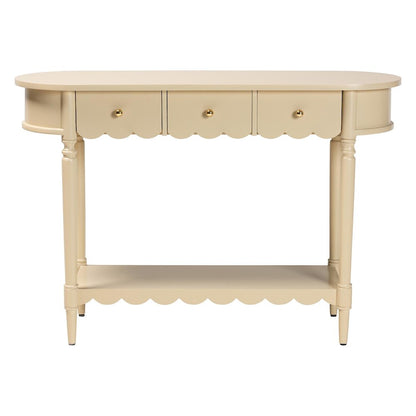 3-Drawer Accent Console Table with Scalloped Detailing and Open Shelf Storage