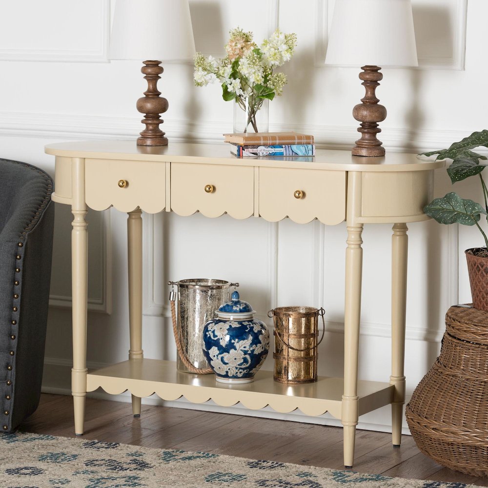 3-Drawer Accent Console Table with Scalloped Detailing and Open Shelf Storage