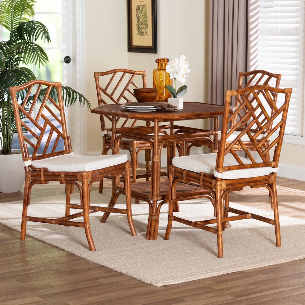 Marbled Tortoise Rattan 5-Piece Dining Set - Dining Table and 4 Chairs Set