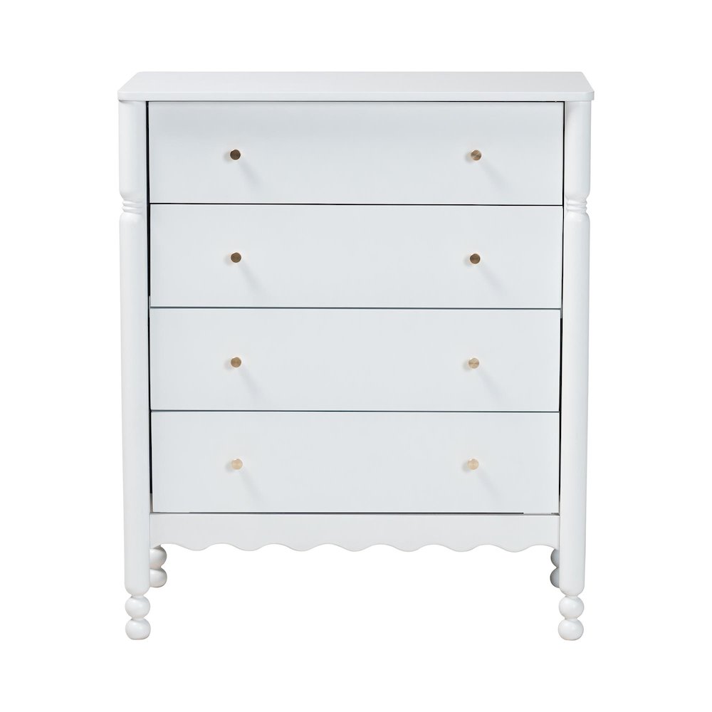 4-Drawer Storage Cabinet with Scalloped Apron and Turned Legs for Bedroom, White