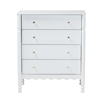 4-Drawer Storage Cabinet with Scalloped Apron and Turned Legs for Bedroom, White