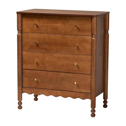 4-Drawer Storage Cabinet with Scalloped Apron and Turned Legs, Walnut Brown