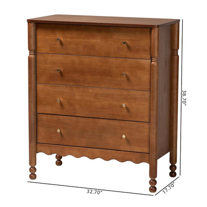 4-Drawer Storage Cabinet with Scalloped Apron and Turned Legs, Walnut Brown