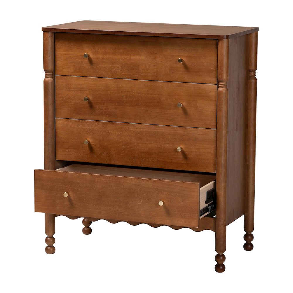 4-Drawer Storage Cabinet with Scalloped Apron and Turned Legs, Walnut Brown
