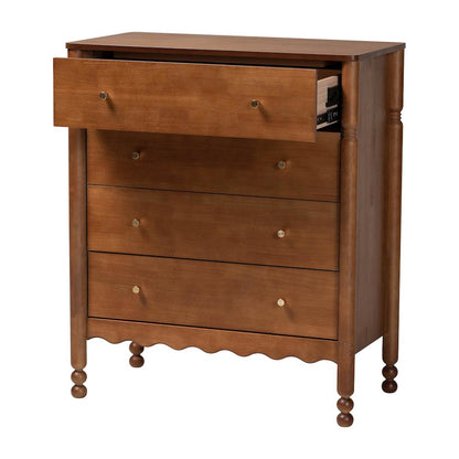 4-Drawer Storage Cabinet with Scalloped Apron and Turned Legs, Walnut Brown