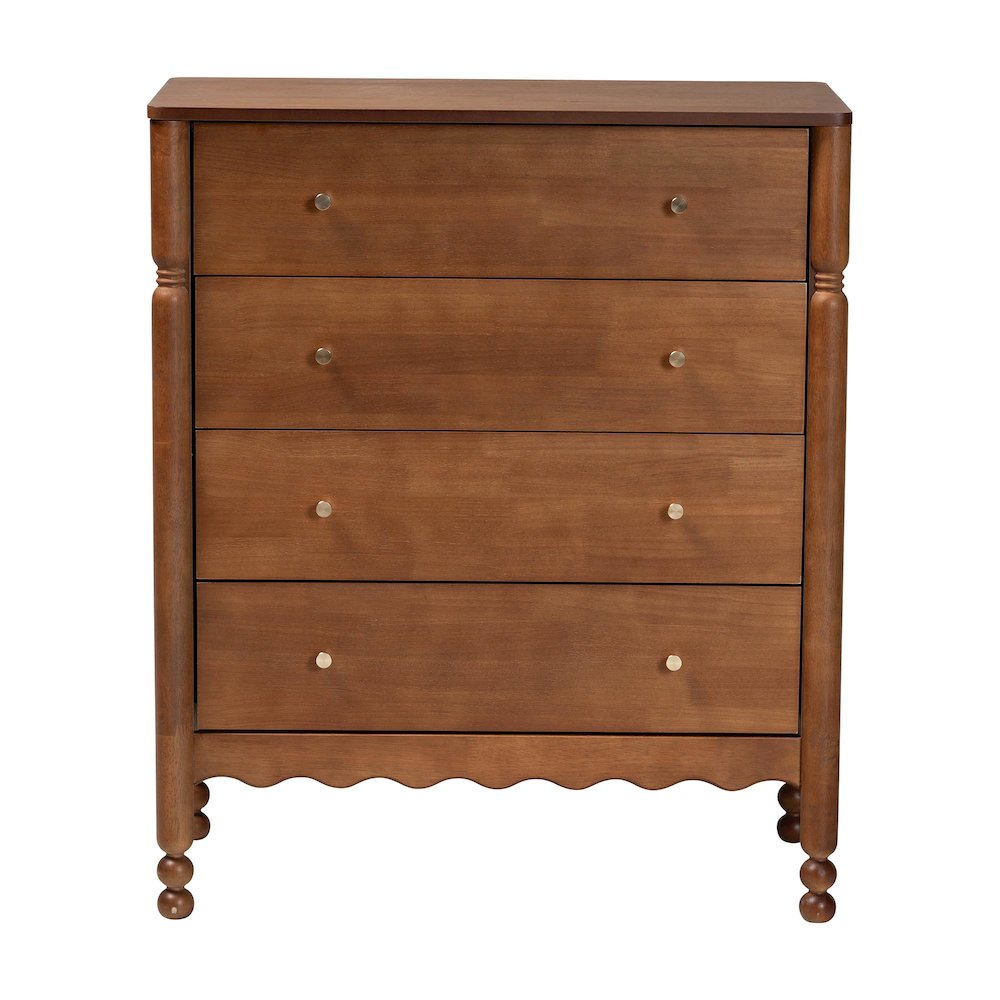 4-Drawer Storage Cabinet with Scalloped Apron and Turned Legs, Walnut Brown