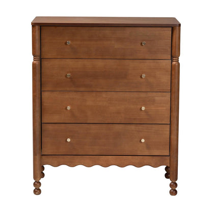 4-Drawer Storage Cabinet with Scalloped Apron and Turned Legs, Walnut Brown