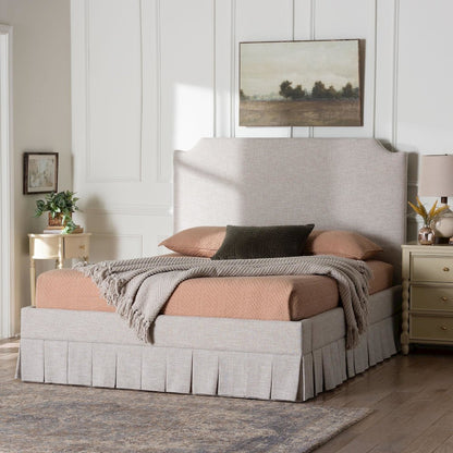 Platform Bed with Pleated Skirt, Upholstered Bed Frame, Panel Headboard, Queen