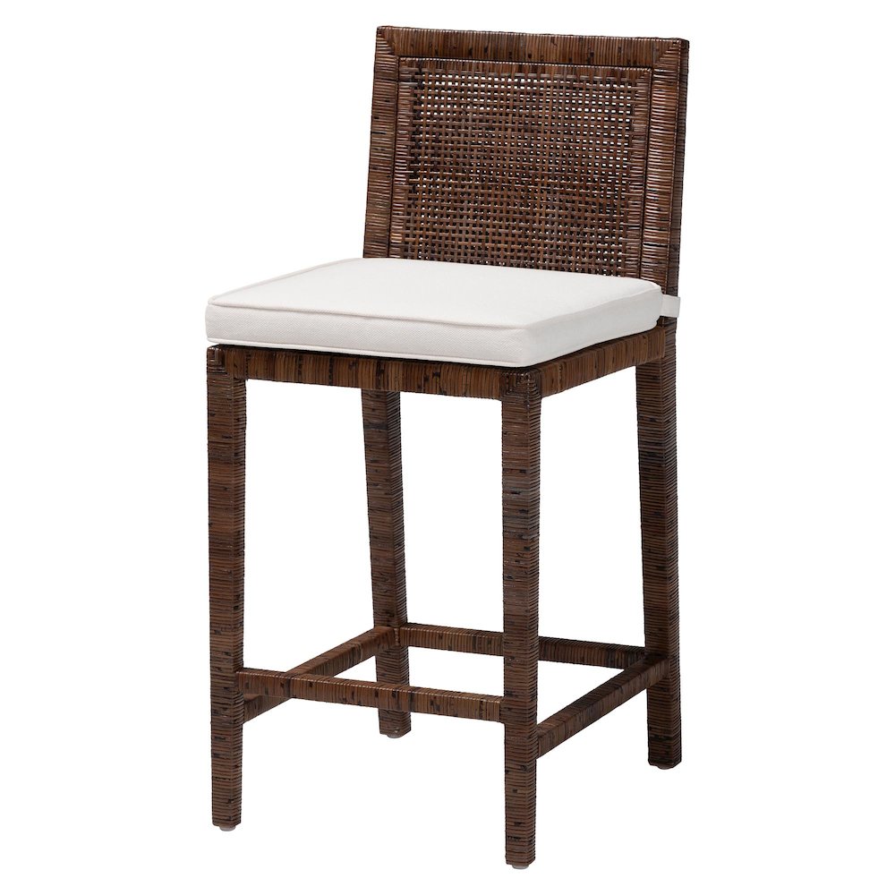 Sofia Rattan Counter Stool with Mahogany Wood Frame, Antique Coffee