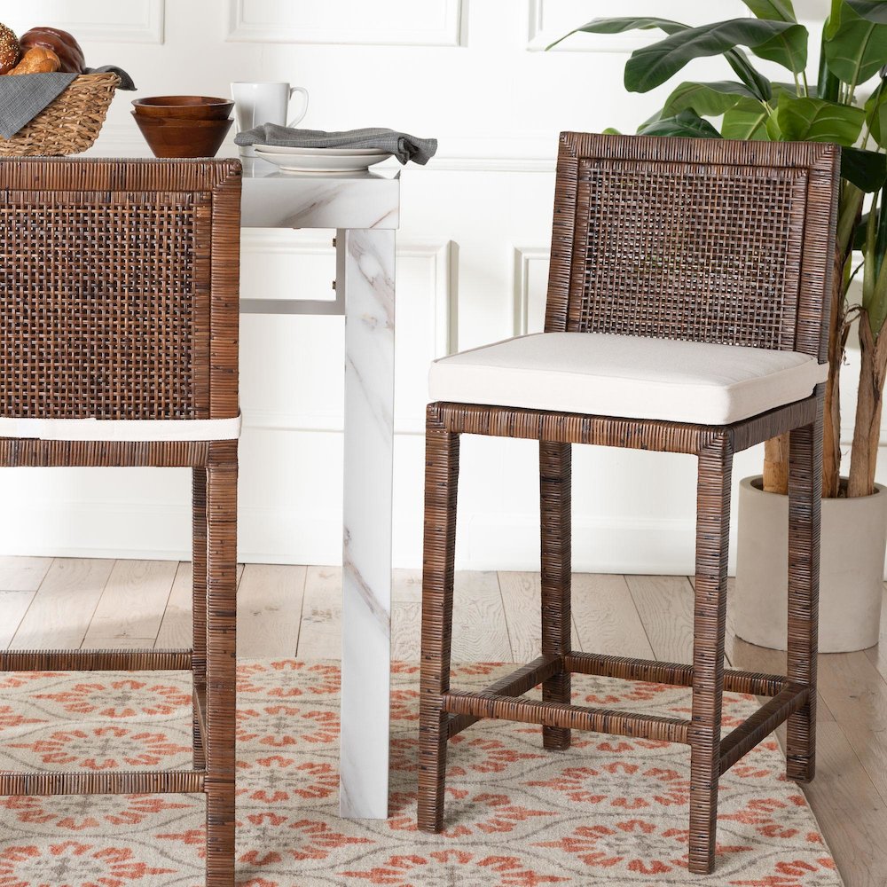 Sofia Rattan Counter Stool with Mahogany Wood Frame, Antique Coffee