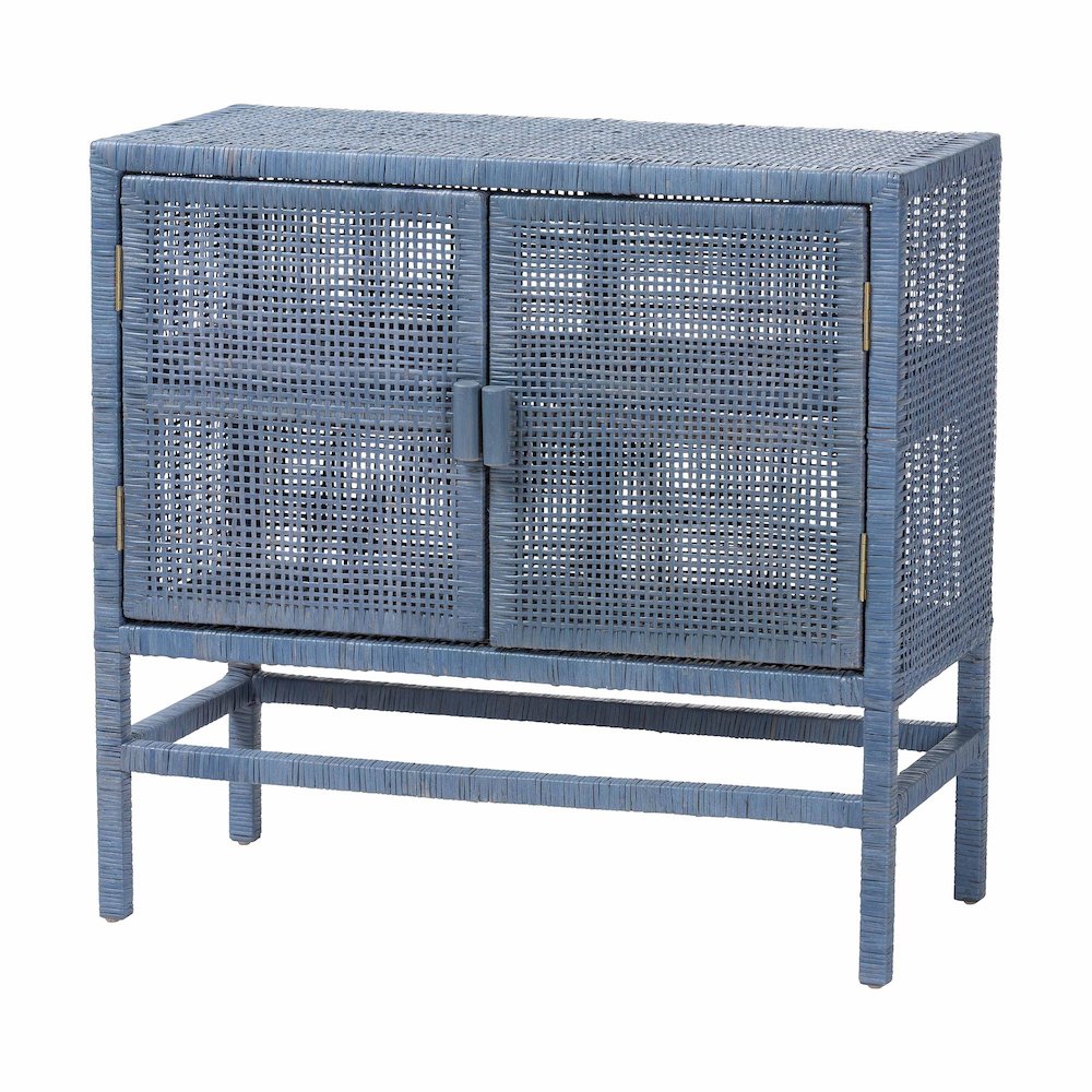 2-Tier Wicker Accent Cabinet with Double Doors and Elevated Base, Navy Blue