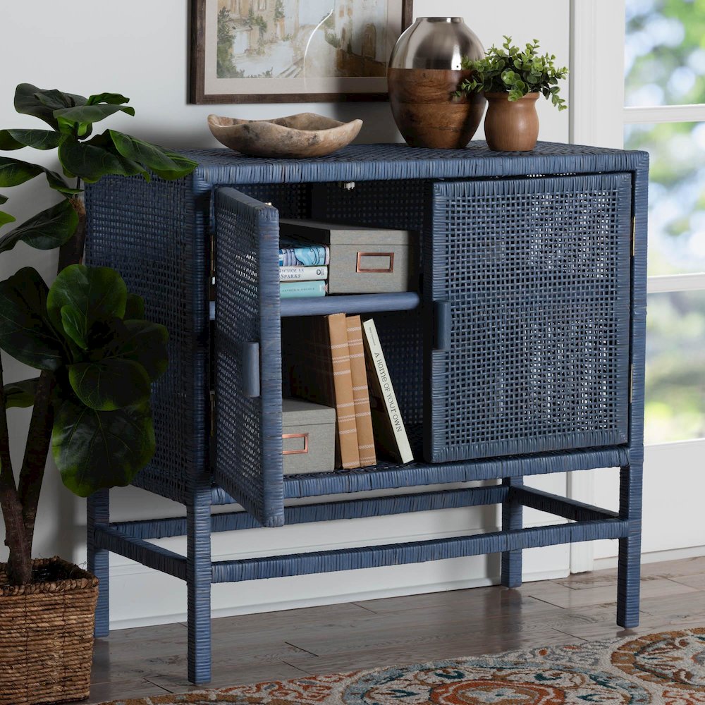 2-Tier Wicker Accent Cabinet with Double Doors and Elevated Base, Navy Blue