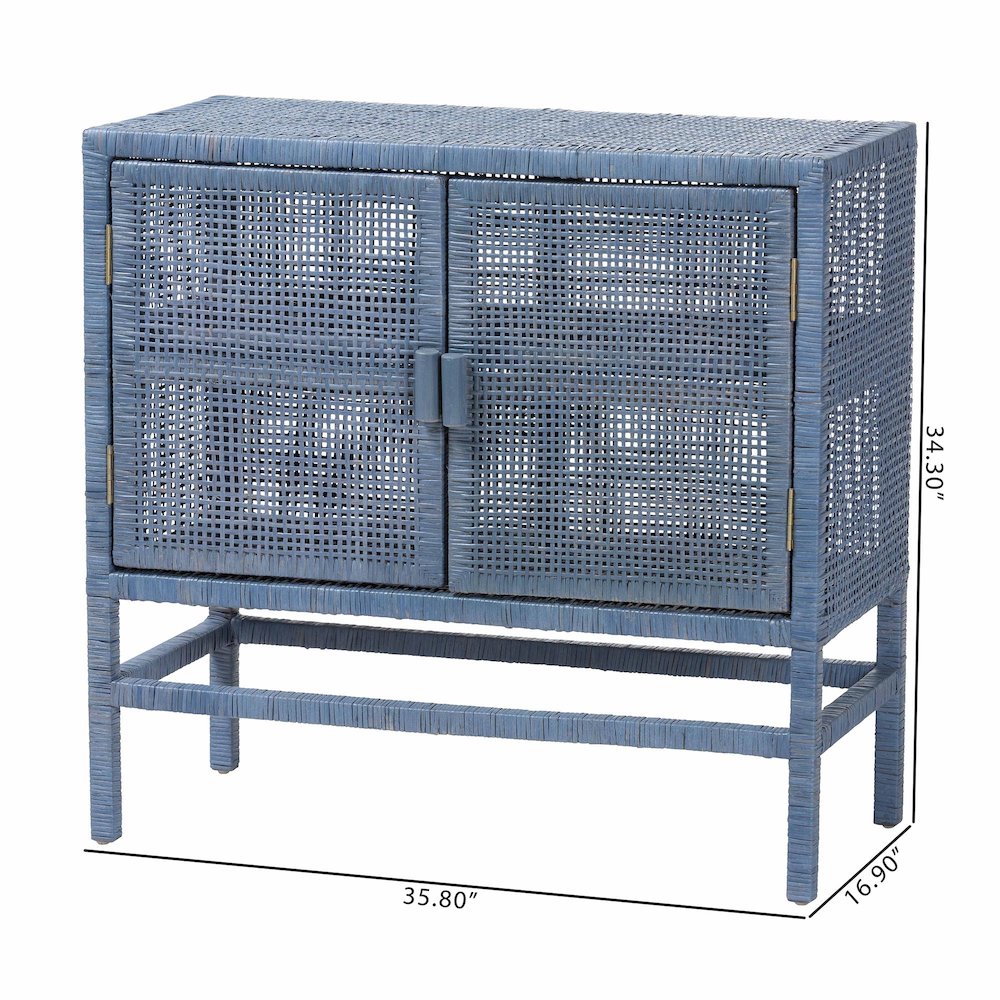 2-Tier Wicker Accent Cabinet with Double Doors and Elevated Base, Navy Blue