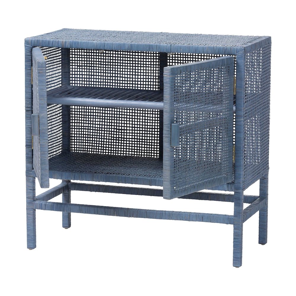 2-Tier Wicker Accent Cabinet with Double Doors and Elevated Base, Navy Blue