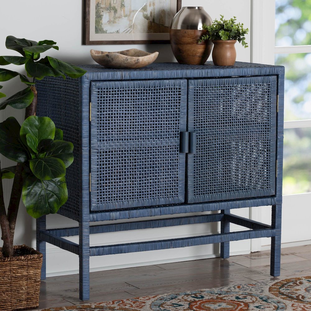 2-Tier Wicker Accent Cabinet with Double Doors and Elevated Base, Navy Blue