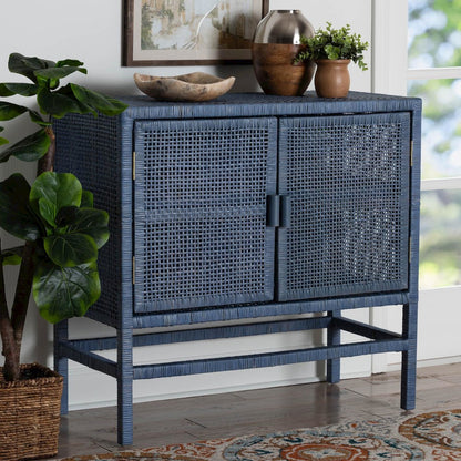 2-Tier Wicker Accent Cabinet with Double Doors and Elevated Base, Navy Blue