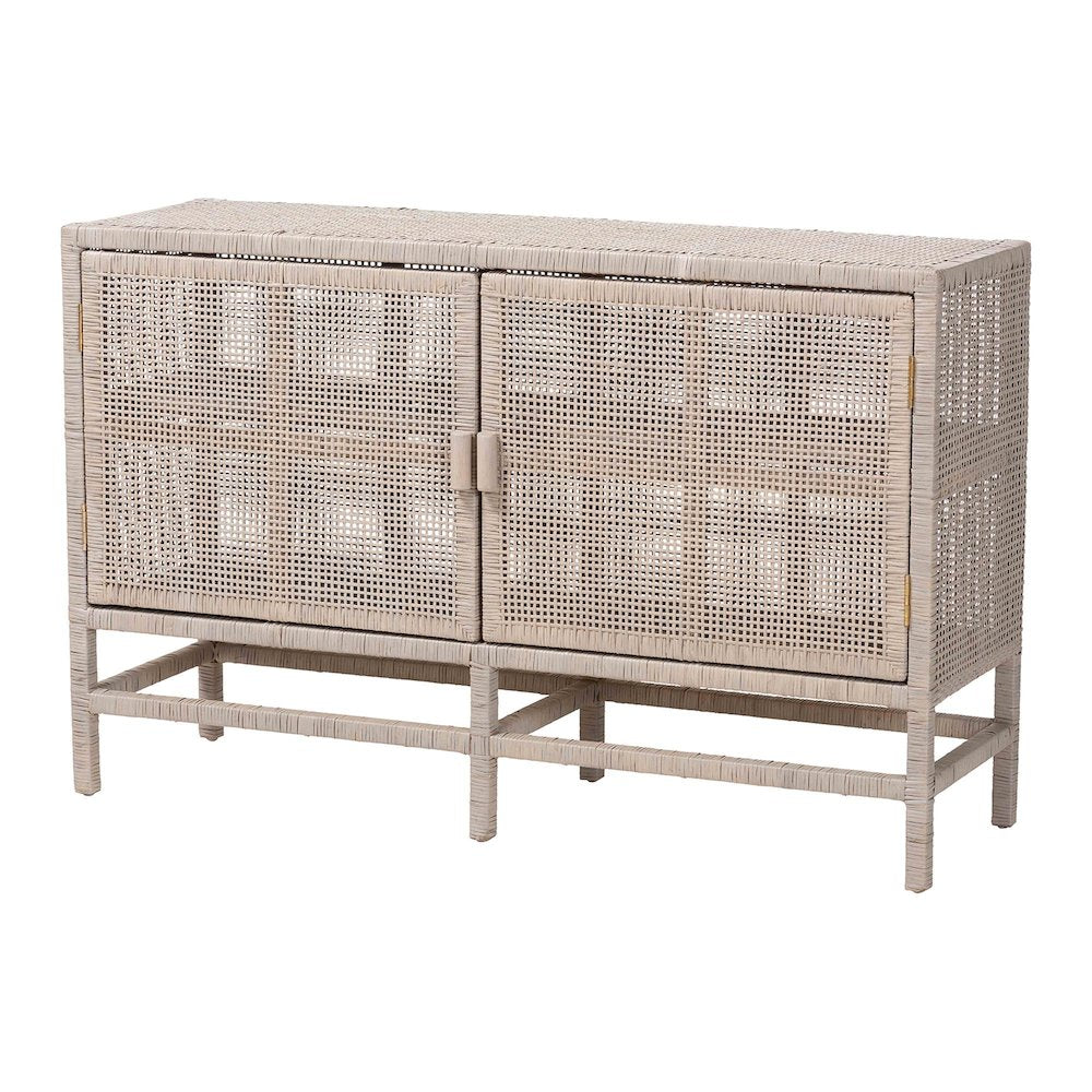 2-Tier Wicker Accent Cabinet with Double Doors and Elevated Base, French Grey