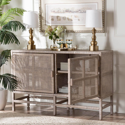 2-Tier Wicker Accent Cabinet with Double Doors and Elevated Base, French Grey