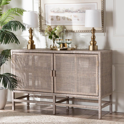 2-Tier Wicker Accent Cabinet with Double Doors and Elevated Base, French Grey