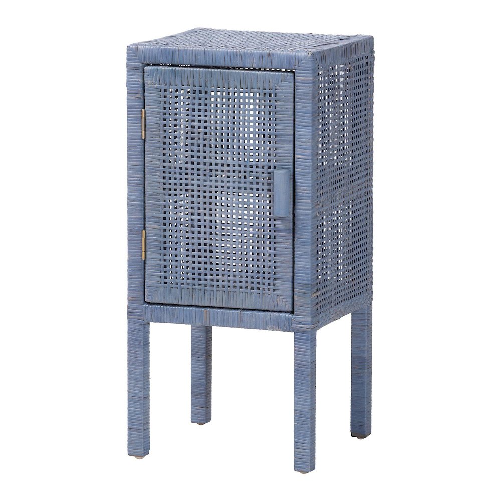 Wicker Accent Bedside Table with Interior Shelving and Elevated Base, Navy Blue