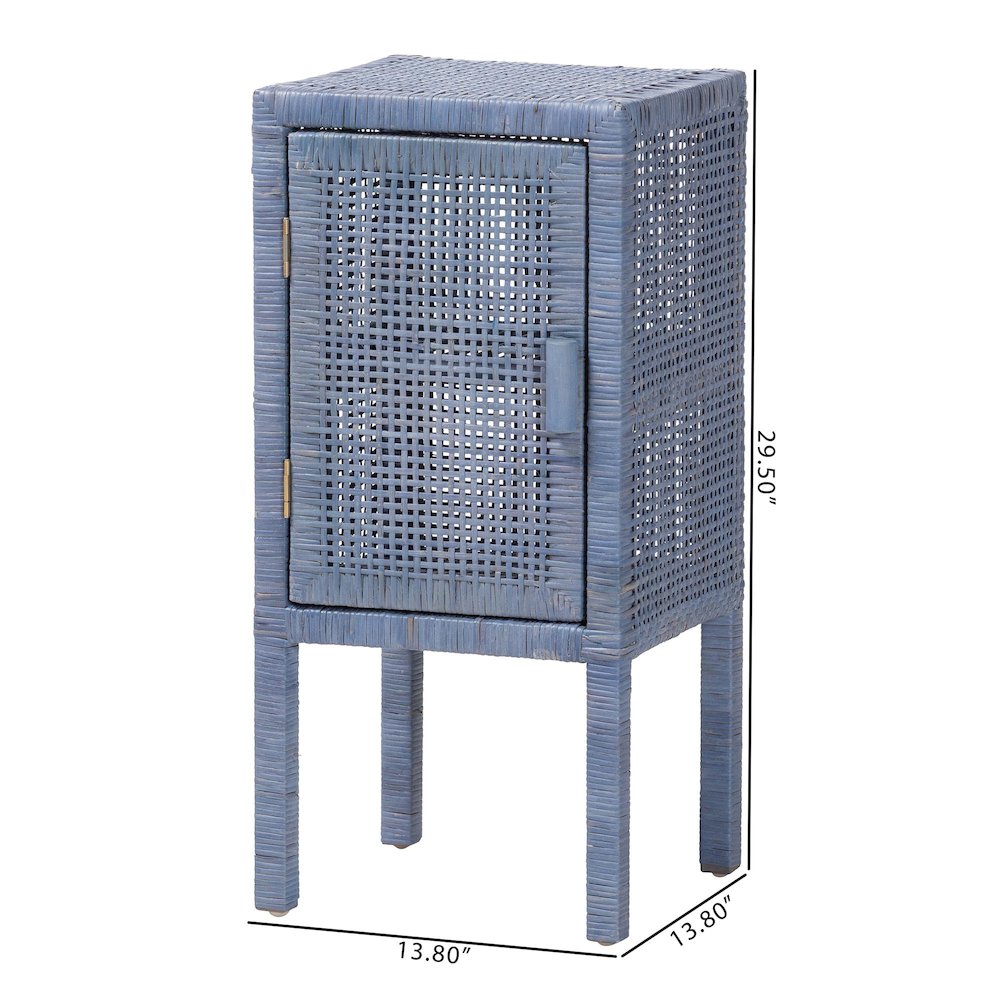 Wicker Accent Bedside Table with Interior Shelving and Elevated Base, Navy Blue