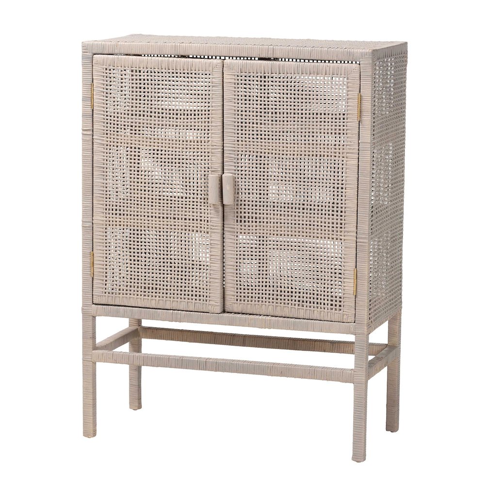 3-Tier Wicker Accent Cabinet, Double Doors and Elevated Base, French Grey