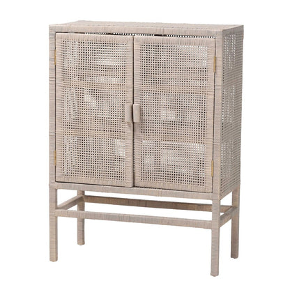 3-Tier Wicker Accent Cabinet, Double Doors and Elevated Base, French Grey